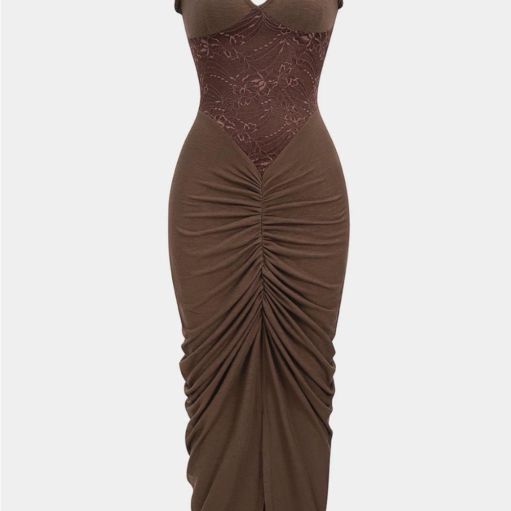 Brown Ruched Midi Dress with Lace Bodice